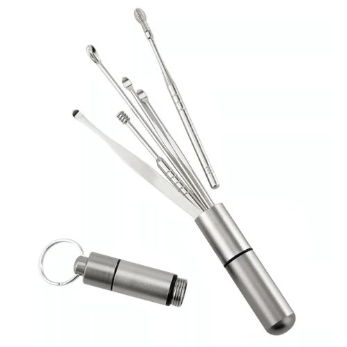 Set portabil de cerumen metalic, format din 6 piese, cu suport metalic