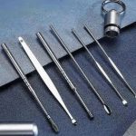 Set portabil de cerumen metalic, format din 6 piese, cu suport metalic