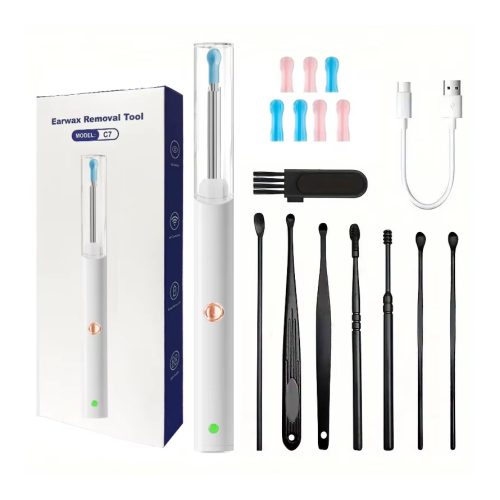 Bezdrátový čistič uší s HD kamerou, 7 kovovými lžičkami a ochranným krytem - Bílá