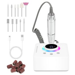   Přenosná profesionální bruska na nehty s výkonem 45 000 ot./min a LCD displejem, bílá