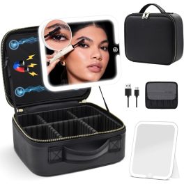   Geantă de machiaj cu oglindă detașabilă cu iluminare LED, separatoare din burete, fermoar dublu - Negru