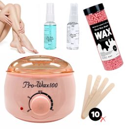   Set de epilare Pro-Wax 100 - 400 g ceară, spray de curățare pre-epilare, ulei post-epilare și 10 spatule - roz deschis