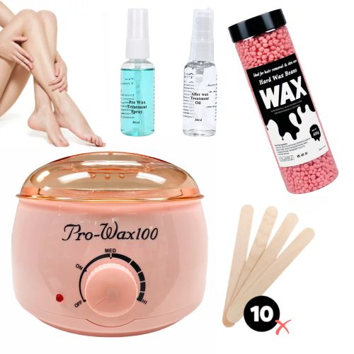 Set de epilare Pro-Wax 100 - 400 g ceară, spray de curățare pre-epilare, ulei post-epilare și 10 spatule - roz deschis
