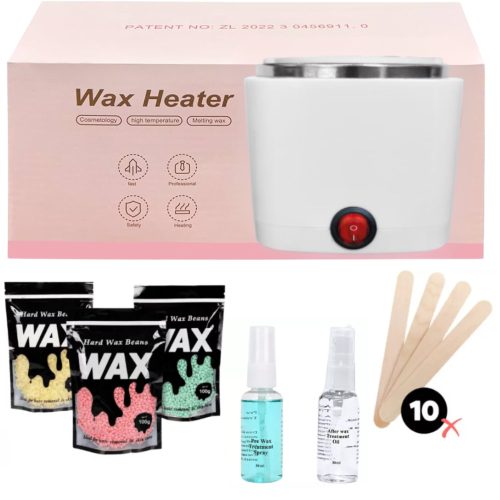 Set complet mini încălzitor de ceară cu bile de ceară, spray de curățare, ulei după epilare și spatule cosmetice - Alb