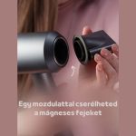 Negativní iontový fén s vyměnitelnými hlavicemi, nastavitelnou teplotou a proudem vzduchu – stříbrně šedý