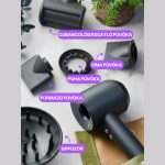 Negativní iontový fén s vyměnitelnými hlavicemi, nastavitelnou teplotou a proudem vzduchu – stříbrně šedý