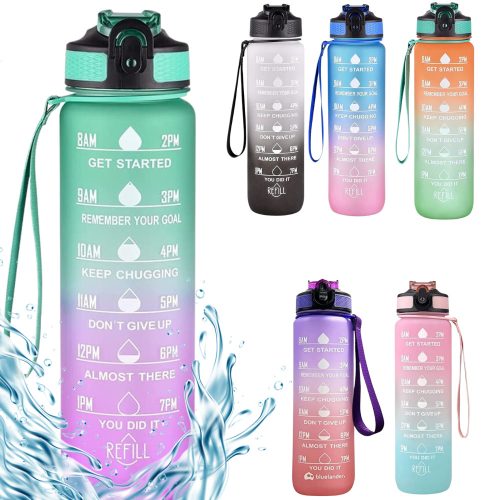 Sticlă de apă motivațională cu gradient, citate și cronologie (1000 ml) - Verde mentă/Mov