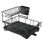 Chiuvetă dublă cu tavă de scurgere și scurgător de vase cu cioc de scurgere încorporat