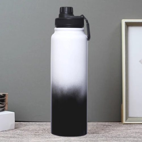 Rozsdamentes Acél Termosz Kulacs Szivárgásmentes Kupakkal, Hideg és Meleg Italokhoz - 950 ml - Fekete-Fehér Színátmenetes