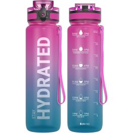   Színátmenetes, Feliratos Kulacs Szivárgásmentes Kupakkal - 1000 ml - Pink/Kék