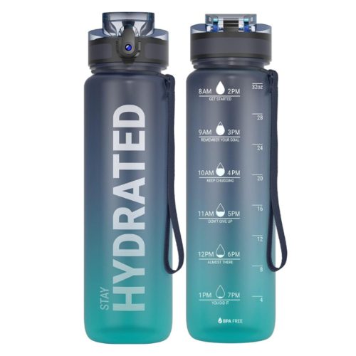 Sticlă de apă cu imprimeu gradient și capac etanș - 1000 ml - Negru/Turcoaz