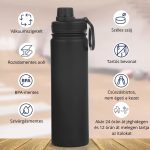 Fekete Termosz Kulacs Rozsdamentes Acél Anyagból, Szivárgásmentes Kupakkal, Hidegen és Melegen Tartó Funkcióval - 650 ml