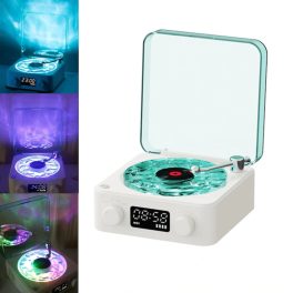   Retro vinylový bezdrátový Bluetooth reproduktor a bílý šum s 8 vestavěnými zvuky a hodinami – Bílá