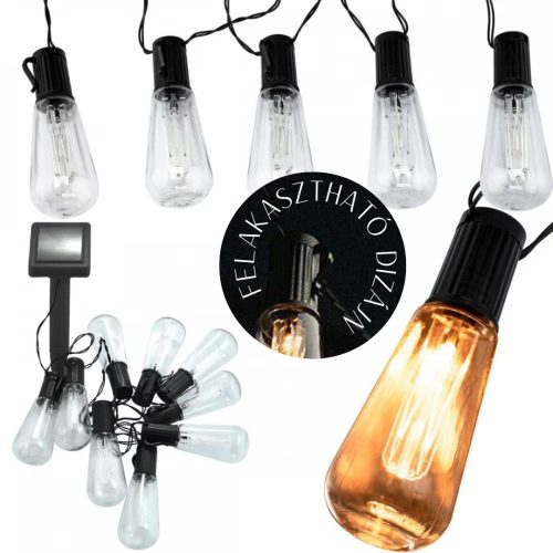Napelemes kültéri LED-es villanykörte fényfüzér - 10 LED - 2 m - Black Friday
