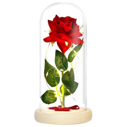 Búrába zárt örökrózsa LED fénnyel - Piros/zöld - 1 rózsa LOVE02