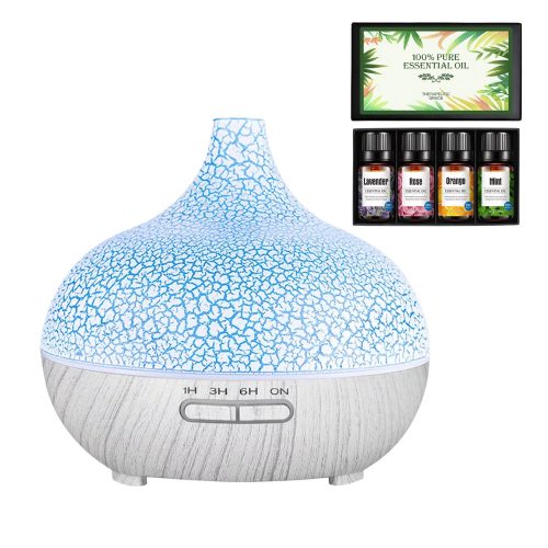 Repedezett és fehér fa mintázatú ultrahangos aroma diffúzor és Pulaiyi 4 részes illóolaj szett - Black Friday