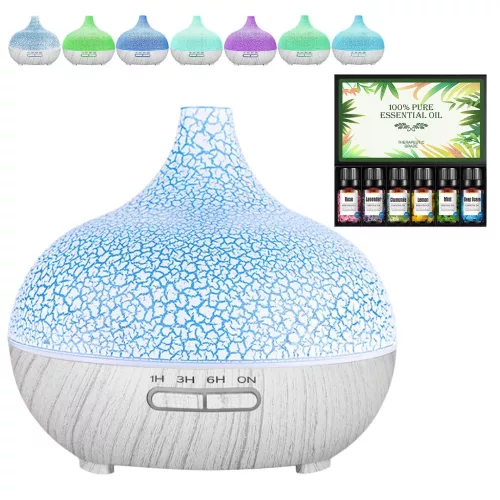 Repedezett és fehér fa mintázatú ultrahangos aroma diffúzor és Pulaiyi 6 részes illóolaj szett