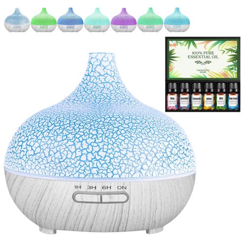 Repedezett és fehér fa mintázatú ultrahangos aroma diffúzor és Pulaiyi 6 részes illóolaj szett