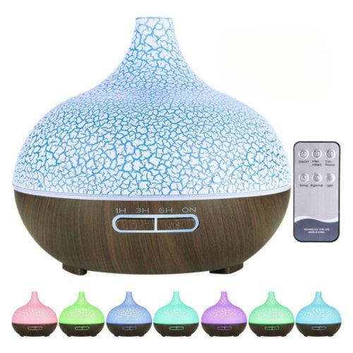 Difuzor de arome cu ultrasunete, cu model de lemn crăpat și închis la culoare, cu 7 fețe din care puteți alege, telecomandă