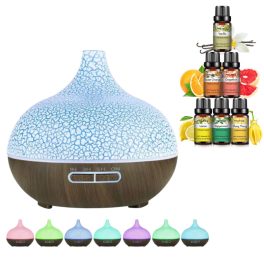   Ultrazvukový difuzér s motivem popraskaného a tmavého dřeva, 7 barevných variant, dálkové ovládání a sada 6 éterických olejů Pulaiyi