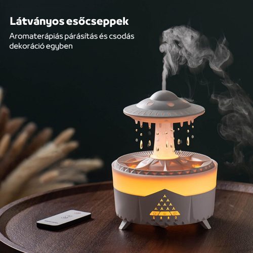 Színes Esőcsepp Aromaterápiás Diffúzor Színes Fényekkel, Vízcseppekkel, Távirányítóval és Időzítővel - Fehér