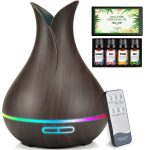 Váza Formájú Ultrahangos Aromaterápiás Diffúzor és Pulaiyi 4 Részes Illóolaj Szett - Sötét Fa - Black Friday