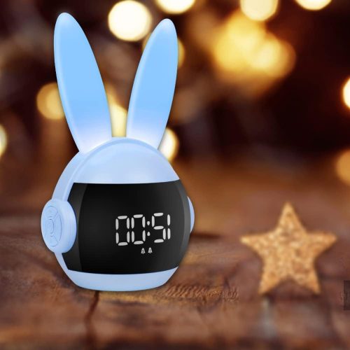 Ceas deșteptător și lumină de noapte cu iepuraș pentru copii, cu afișaj digital - Albastru
