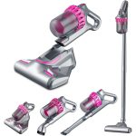 4 v 1 ruční vysavač s vyměnitelnými nástavci, silným sacím výkonem a třemi úrovněmi rychlosti – šedo-růžový