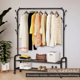   Kompakt Fém Ruhatartó Állvány Polcokkal és Akasztókkal, fekete