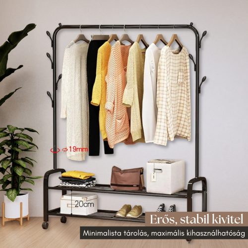 Kompakt Fém Ruhatartó Állvány Polcokkal és Akasztókkal, fekete
