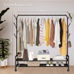 Kompakt Fém Ruhatartó Állvány Polcokkal és Akasztókkal, fekete