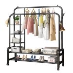 Dupla Akasztós Mobil Ruhaállvány Polcokkal és Cipőtartóval, Guruló Kerekekkel, fekete