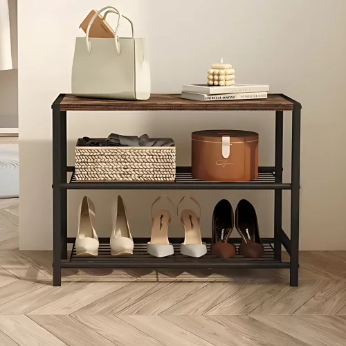 3 Szintes Cipőtartó Masszív, Strapabíró Fém Szerkezet, Vízálló Anyag, barna 