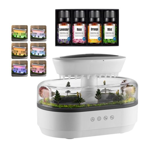 Difuzor de Aromaterapie cu Ultrasunete, Umidificator cu Lumină LED, Funcție de Zgomot Alb cu Sunet de Picături de Ploaie și Set de 4 Uleiuri Esențiale Pulaiyi