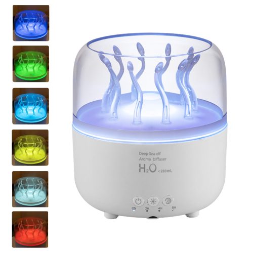 Difuzor de uleiuri esențiale cu lumină colorată de 280 ml cu efect de meduză rotativă și telecomandă, Alb