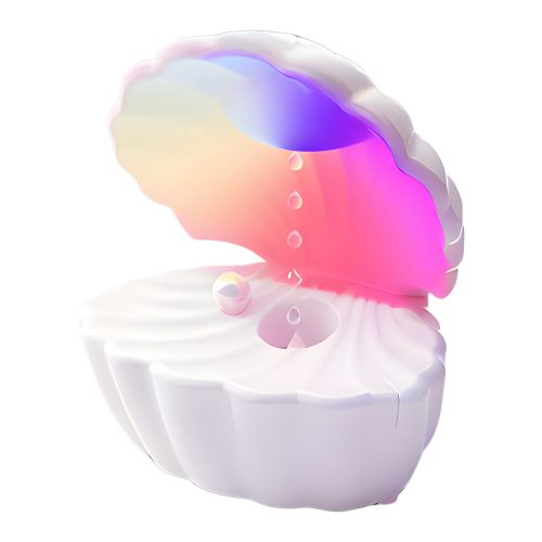 Zvlhčovač vzduchu v tvare mušle s kvapkou vody, Bluetooth reproduktorom a náladovým osvetlením, biely