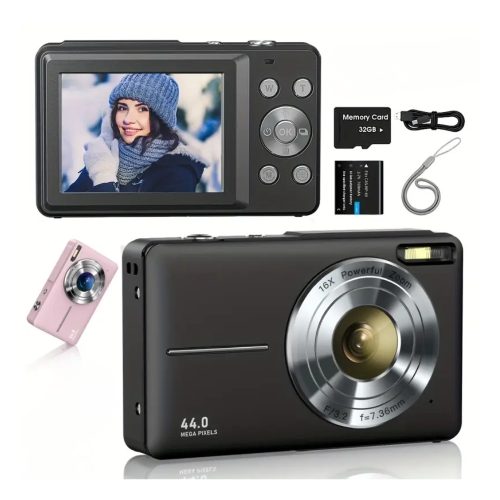 Kompakt Digitális Fényképezőgép Full HD 1080P 44MP Felbontással és 16× Zoommal 32GB Kártyával - Fekete