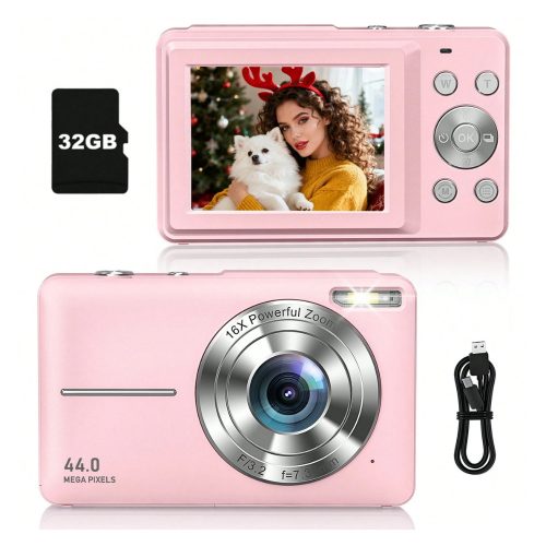 Kompakt Digitális Fényképezőgép Full HD 1080P 44MP Felbontással és 16× Zoommal 32GB Kártyával - Rózsaszín