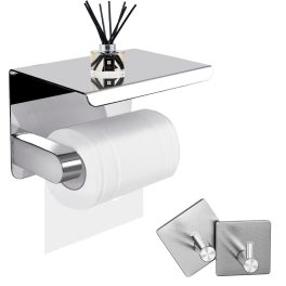  Suport de hârtie igienică de perete cu raft superior și 2 cârlige de agățare - Argintiu
