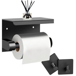   Suport de hârtie igienică de perete cu raft superior și 2 cârlige de agățare - Negru