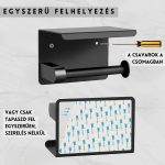 Suport de hârtie igienică de perete cu raft superior și 2 cârlige de agățare - Negru