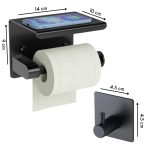 Suport de hârtie igienică de perete cu raft superior și 2 cârlige de agățare - Negru