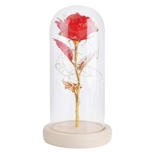 Búrába zárt örökrózsa LED fénnyel - Piros/arany - 1 rózsa LOVE01