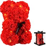 Ursuleț de pluș cu trandafir veșnic în cutie și LED – 25 cm – roz