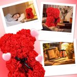 Ursuleț de pluș cu trandafir veșnic în cutie și LED – 25 cm – roz