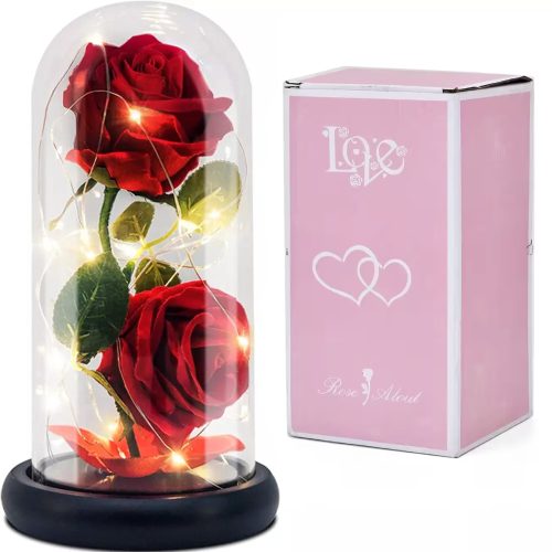 Trandafir etern într-un borcan de sticlă cu lumină LED, bază neagră - Roșu/verde - 2 trandafiri LOVE10
