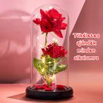 Trandafir etern într-un borcan de sticlă cu lumină LED, bază neagră - Roșu/verde - 2 trandafiri LOVE10
