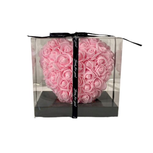 Inimă cu trandafir etern în cutie decorativă - 15 cm - roz